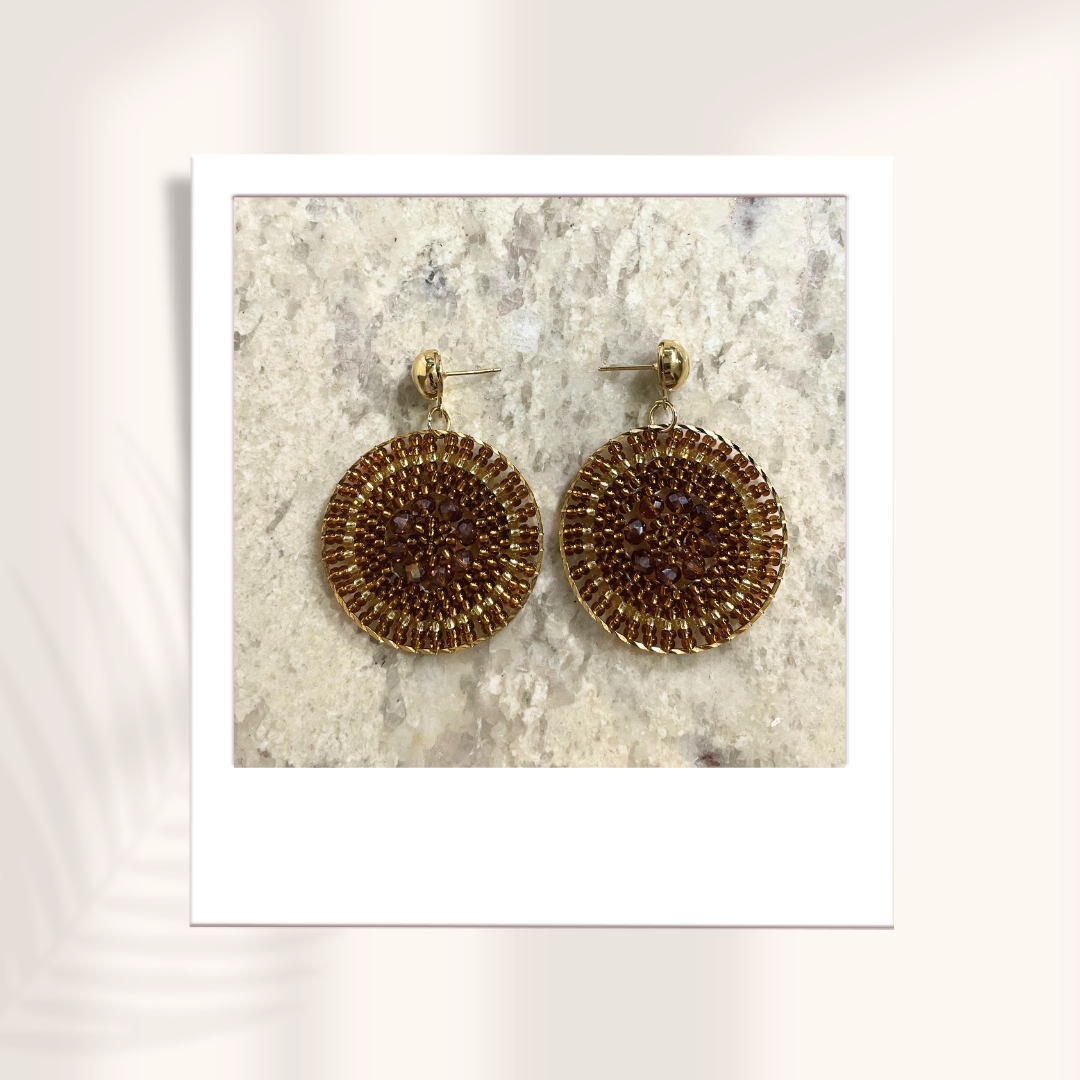 Brown Gold Circle Beaded Earrings