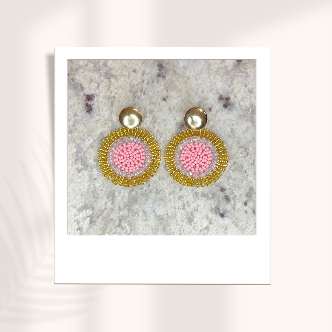 Pink & Gold Circle Beaded Earrings